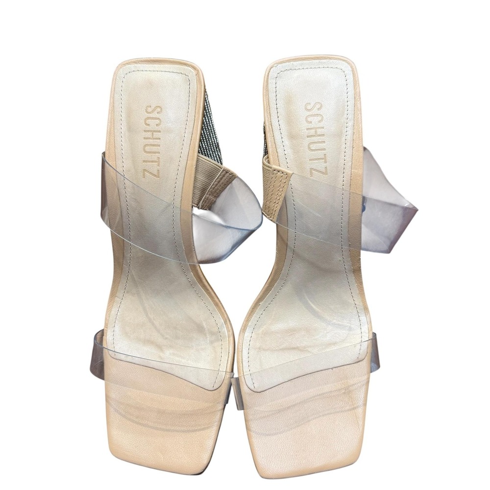 Schutz‎ Shoes Womens Size 8 Beige Vinyl Ariellen Wedge Slide Sandals Rhinestone